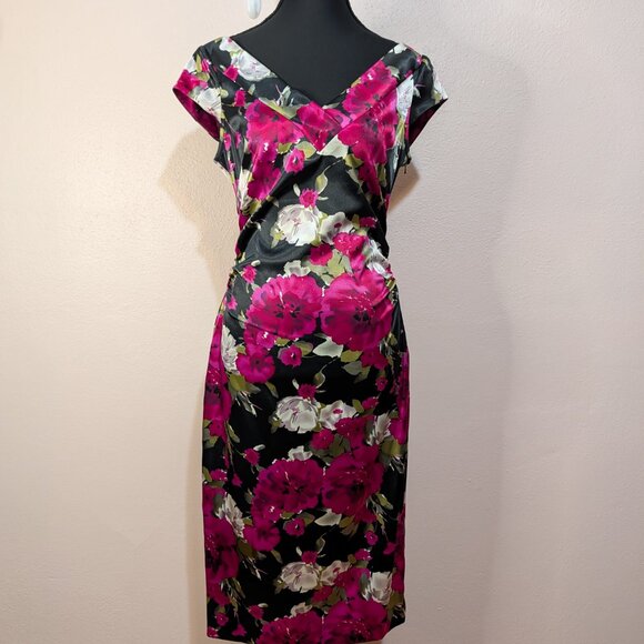 Elegant Floral Satin Midi Sheath Dress - Portrait Neckline Cocktail Event Size 8 - Picture 2 of 10